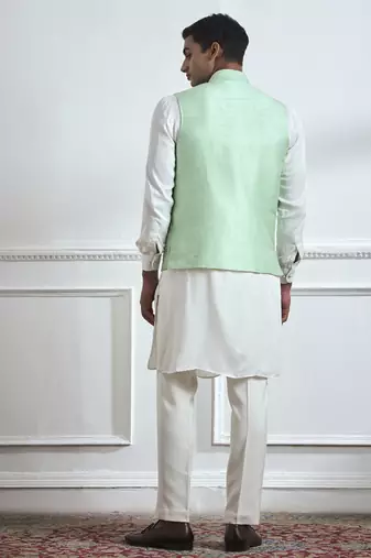 Green hand woven cotton kurta jacket set