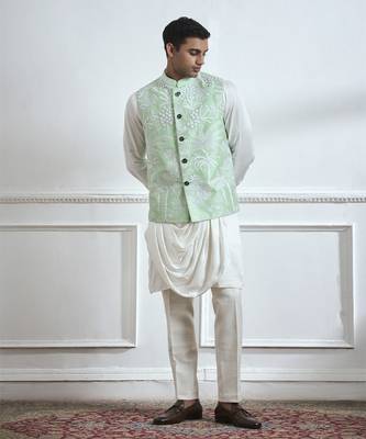 Green hand woven cotton kurta jacket set 3