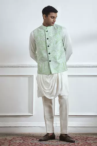 Green hand woven cotton kurta jacket set