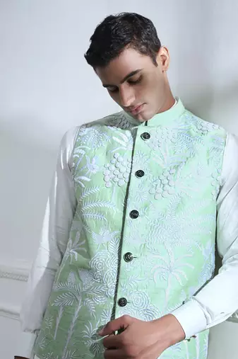 Green hand woven cotton kurta jacket set