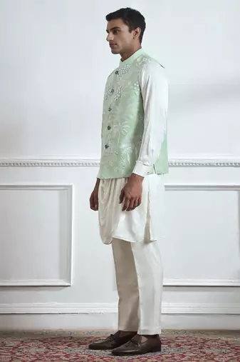 Green hand woven cotton kurta jacket set