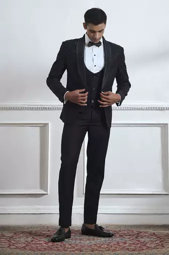 Black embroidered cotton tuxedo