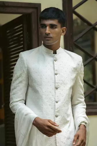 White embroidered cotton silk sherwani
