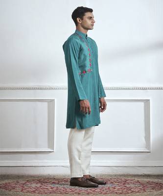 Green embroidered cotton kurta pajama 2