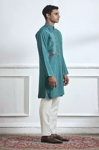 Green embroidered cotton kurta pajama