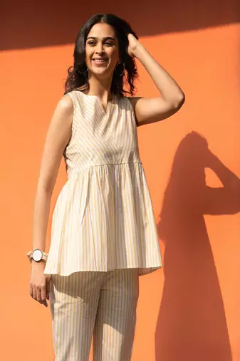 Yellow premium cotton notched neck coord set