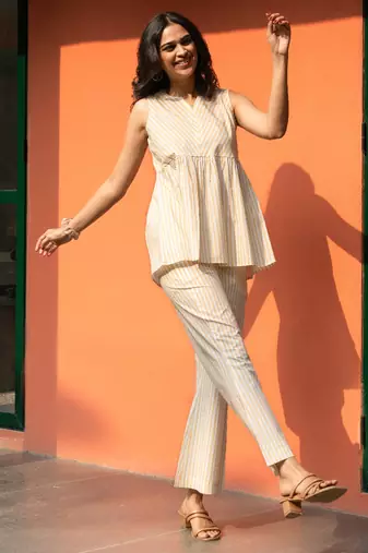 Yellow premium cotton notched neck coord set