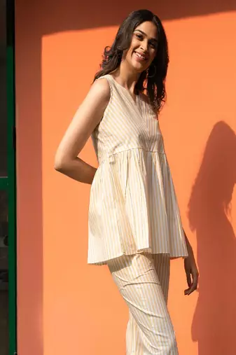 Yellow premium cotton notched neck coord set