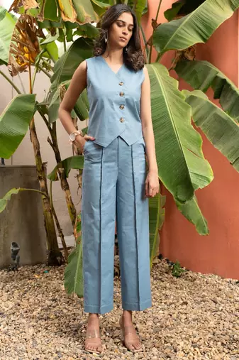 premium cotton light blue vest coat coord set
