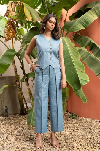 premium cotton light blue vest coat coord set