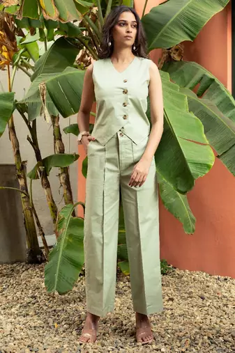 premium cotton pista green vest coat coord set