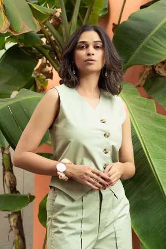 premium cotton pista green vest coat coord set