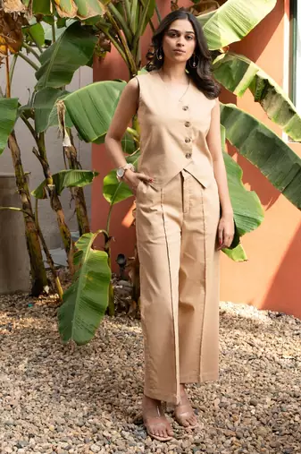 premium cotton beige vest coat coord set
