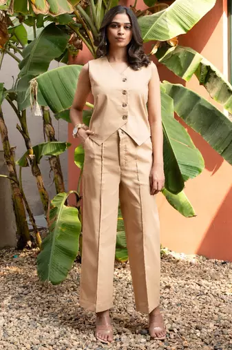 premium cotton beige vest coat coord set