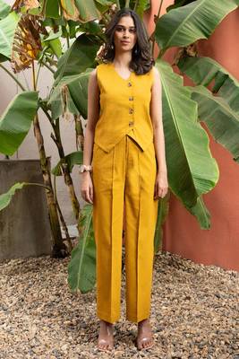 premium cotton mustard vest coat coord set 1