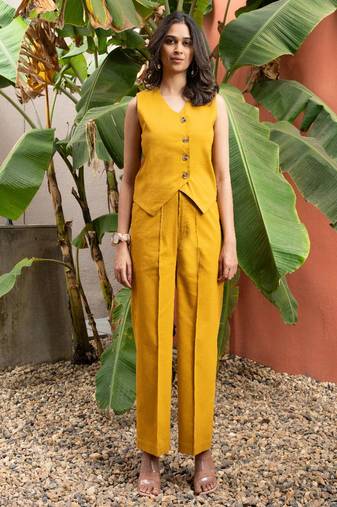 premium cotton mustard vest coat coord set