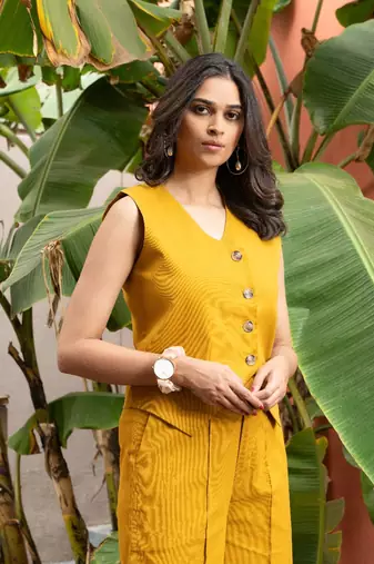 premium cotton mustard vest coat coord set
