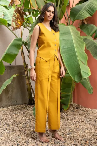 premium cotton mustard vest coat coord set