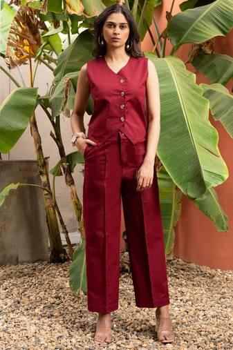 premium cotton maroon vest coat coord set