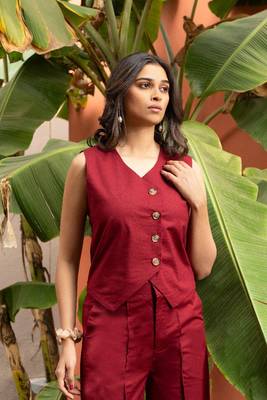 premium cotton maroon vest coat coord set 4