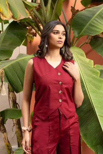 premium cotton maroon vest coat coord set