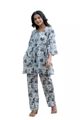 Box pleated all over printed cotton co-ord set