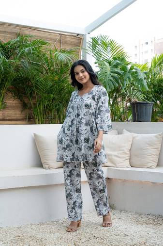 Box pleated all over printed cotton co-ord set
