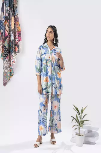 Sky blue printed cotton co-ord set