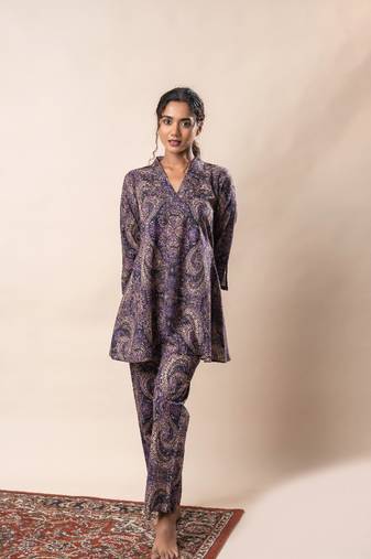 Purple printed cotton flared co-ord set