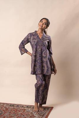 Purple printed cotton flared co-ord set 3