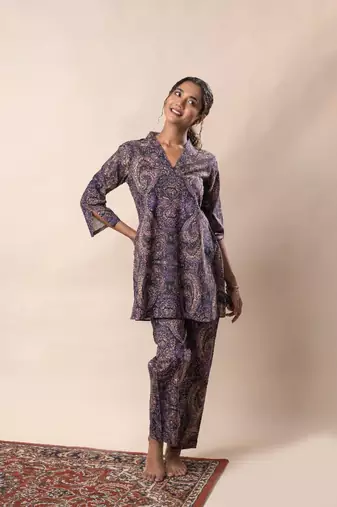 Purple printed cotton flared co-ord set