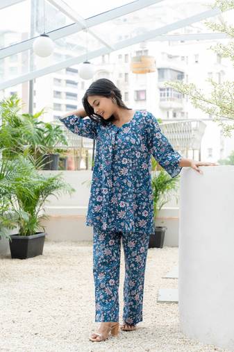 Blue box pleated all over printed cotton co-ord set