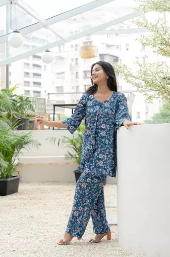 Blue box pleated all over printed cotton co-ord set