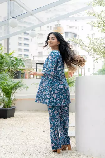 Blue box pleated all over printed cotton co-ord set