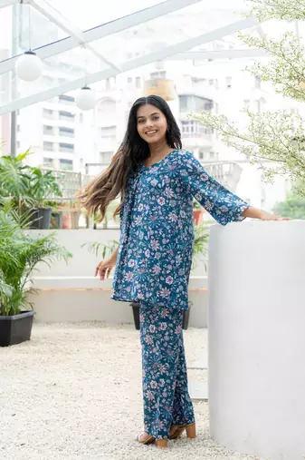 Blue box pleated all over printed cotton co-ord set