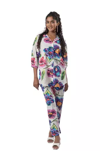 White printed cotton half-buttoned co-ord set