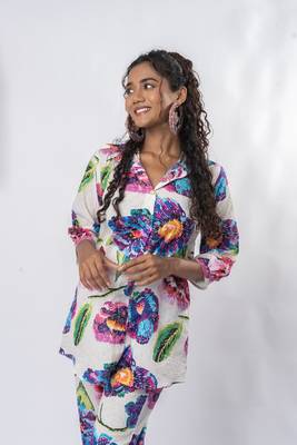 White printed cotton half-buttoned co-ord set 3