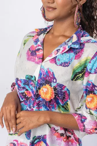 White printed cotton half-buttoned co-ord set