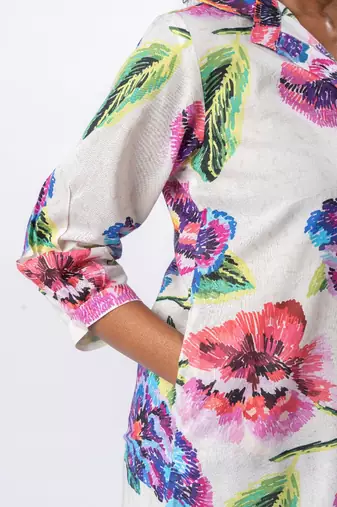 White printed cotton half-buttoned co-ord set