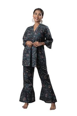 Black printed cotton flared co-ord set 2