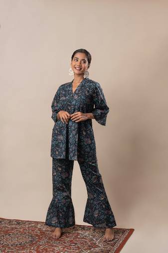 Black printed cotton flared co-ord set