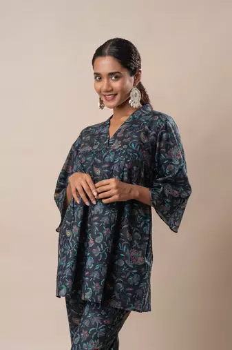 Black printed cotton flared co-ord set