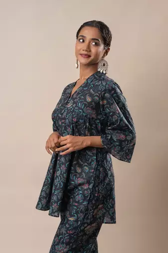 Black printed cotton flared co-ord set