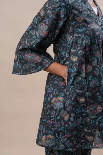 Black printed cotton flared co-ord set