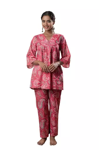 Pink printed cotton a-line flared co-ord set