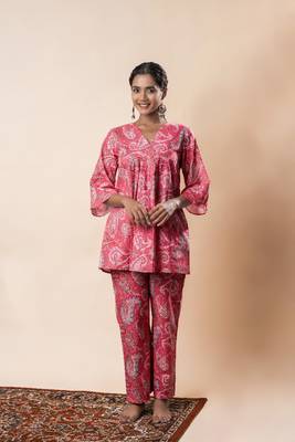 Pink printed cotton a-line flared co-ord set 1