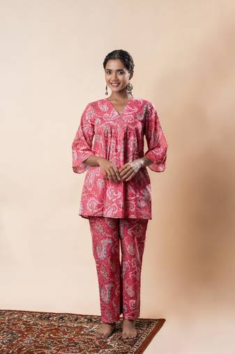 Pink printed cotton a-line flared co-ord set