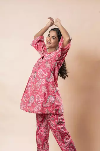 Pink printed cotton a-line flared co-ord set