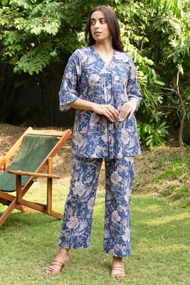 blue v-neck pure cotton flared coord set 1