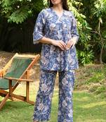 blue v-neck pure cotton flared coord set